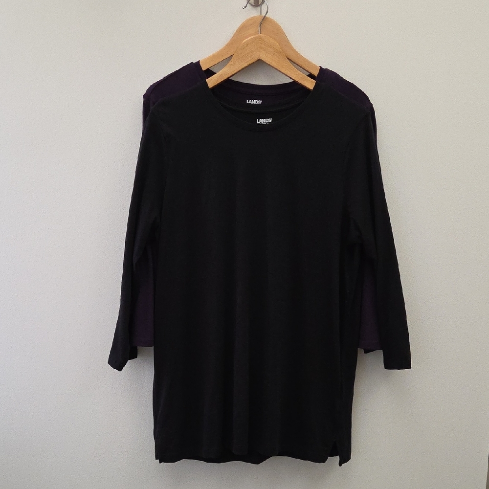 Two Lands' End Tops, Black and Purple 3/4 Sleeve, L (14-16)